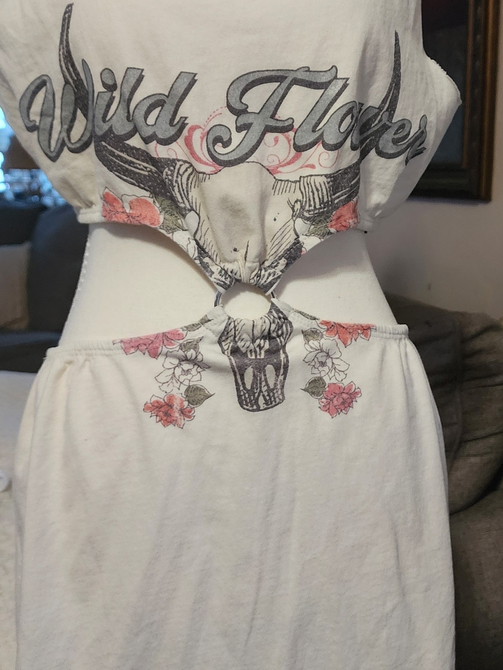 Forever 21 White Midi Dress with Graphic Skull and Pink Floral Accents